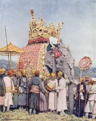 Ein Elefant und Diener aus Bikanir